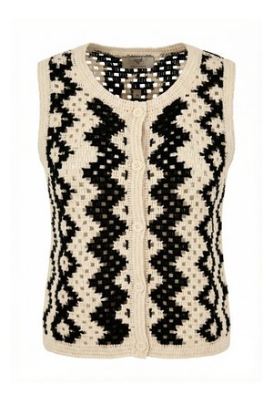 Gilet sans manches en crochet crème avec motifs en zigzag et losange noirs, fermeture à boutons sur le devant et encolure ronde.