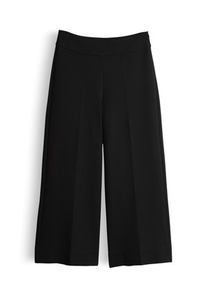 Pantalon large noir en tissu lisse, avec une taille haute et des plis frontaux marqués. Pas de matériel ou de motifs visibles.