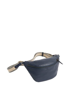 Marsupio in pelle blu navy con design curvo, zip dorata e tracolla pattern crema con accenti neri. Finitura liscia.
