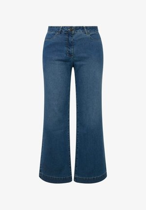 Jeans in denim blu scuro con design a gamba svasata, dotati di chiusura frontale con bottone e stile tradizionale a cinque tasche. Texture liscia su tutta la superficie.