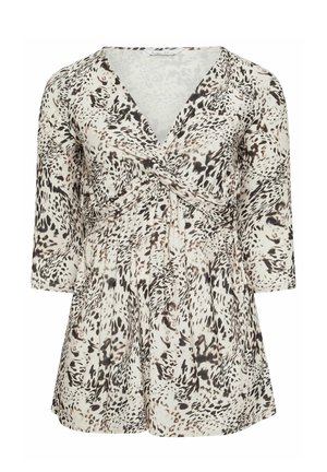 Weiße und schwarze Bluse mit Tiermuster, 3/4-Ärmeln, V-Ausschnitt und gedrehtem Knotendetail vorne.