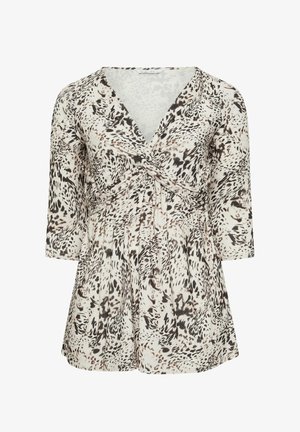 Blouse à imprimé animalier noir et blanc avec manches trois quarts, encolure en V et détail nœud torsadé à l'avant.