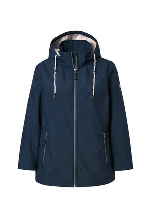 Giacca impermeabile blu navale con cappuccio, fodera contrastante chiara, chiusura frontale con zip e due tasche laterali con zip. Caratterizzata da dettagli con lacci.