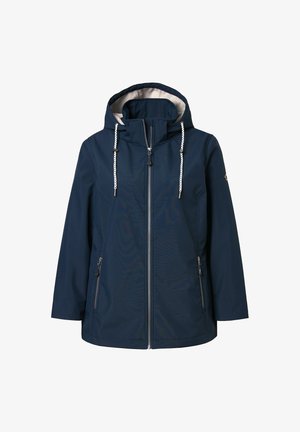 Granatowa wodoodporna kurtka z kapturem, kontrastową jasną podszewką, z przodu zapinaną na zamek błyskawiczny oraz dwiema bocznymi kieszeniami zapinanymi na zamek. Posiada akcenty w postaci sznurków.