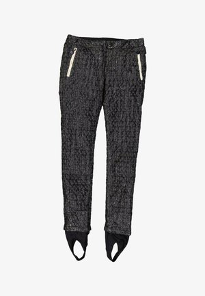Pantalon noir texturé avec poches zippées blanches et sangles de pied attachées sur fond blanc.