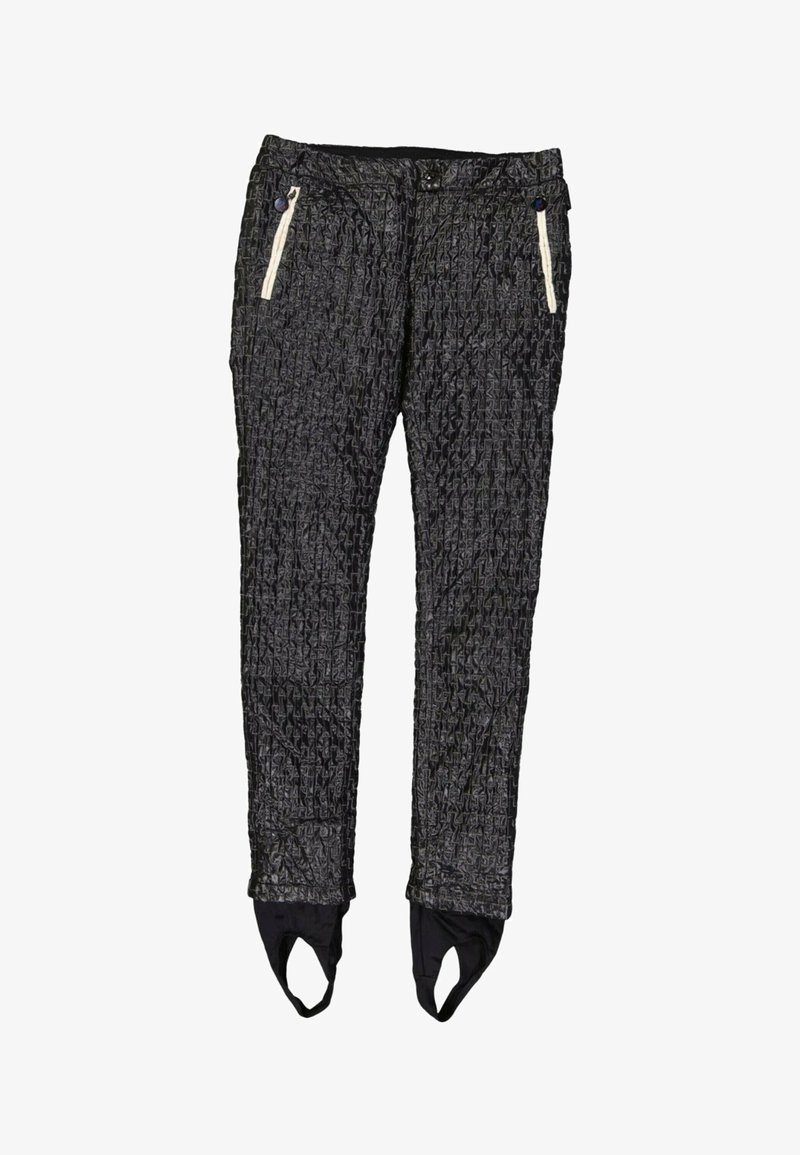 Pantalon noir texturé avec poches zippées blanches et sangles de pied attachées sur fond blanc.