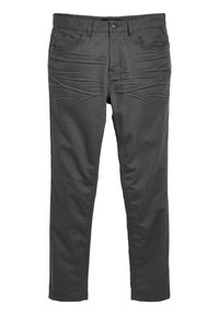 Pantaloni in denim nero con vestibilità dritta, dotati di cinque tasche, chiusura con bottone e sottili pieghe di design nella parte anteriore. Tessuto liscio.