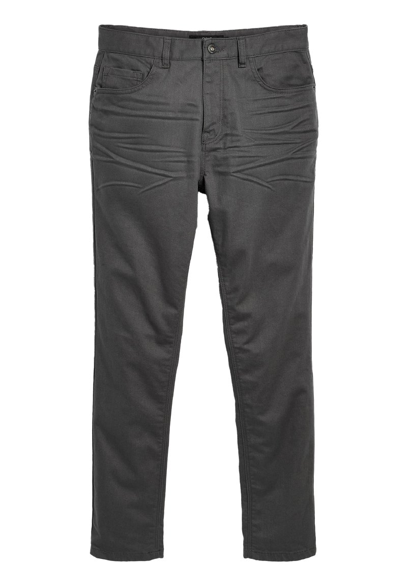 Pantalons en denim noir avec une coupe droite, dotés de cinq poches, d'une fermeture par bouton et de légères rides à l'avant. Texture lisse.
