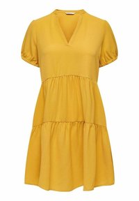Robe jaune à manches courtes avec un décolleté en V, dotée d'un design à volants. Fabriquée en tissu texturé, avec des accents froncés aux manches.