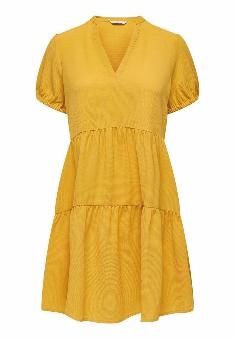Robe jaune à manches courtes avec un décolleté en V, dotée d'un design à volants. Fabriquée en tissu texturé, avec des accents froncés aux manches.