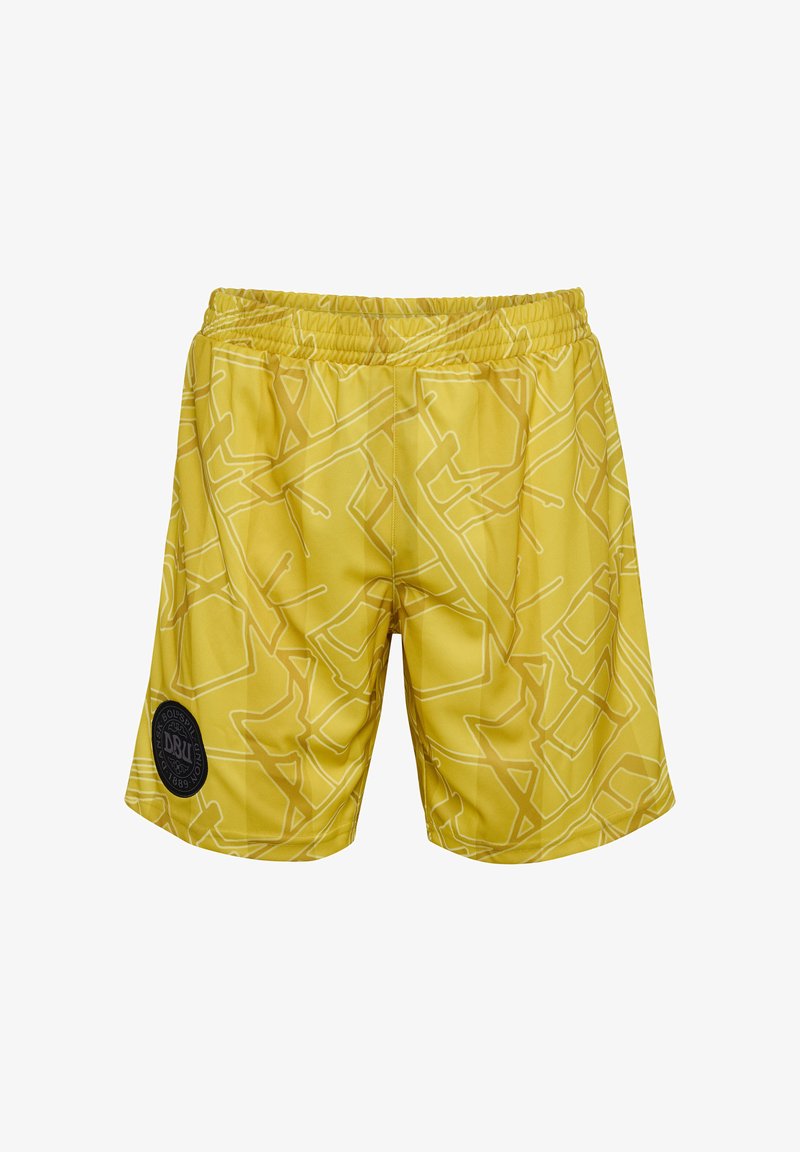 Gula shorts av lätt tyg med ett geometriskt mönster i vitt. Har en elastisk midjeresår och en svart logotypmärke på sidan.