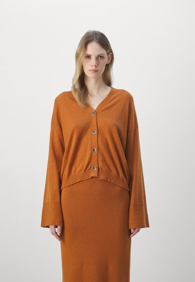 Cardigan tricoté couleur rouille avec un col en V, des manches longues et cinq boutons sur le devant, associé à une jupe longue assortie. Texture douce, design décontracté.