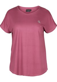 Różowy t-shirt z miękkiego materiału, z okrągłym dekoltem, krótkimi rękawami i małym geometrycznym wzorem na piersi.