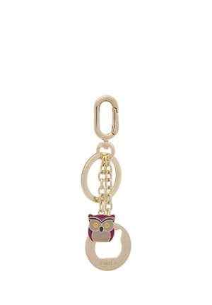 Portachiavi color oro con un charm a forma di gufo viola e oro attaccato a tre piccole catene e a un anello circolare inciso con Furla.