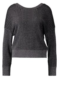 Virkat tröja i svart med metalliska detaljer, med ribbat mönster, bred halsringning och långa ärmar, kort längd.