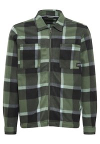 Groen en zwart geruit zip-up jack van fleece materiaal, met twee borstzakken, een kraagontwerp en een textuurstof met een zachte afwerking.