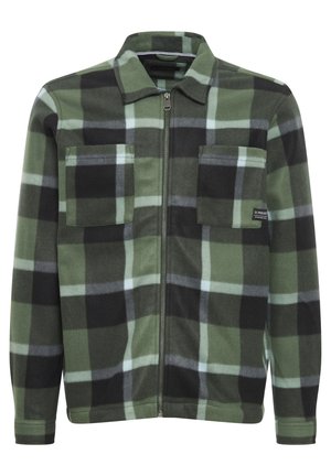 Green and black plaid zip-up jacket, fleece material, two chest pockets, collared design, textured fabric with a soft finish.