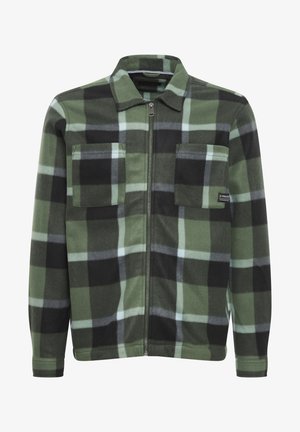 Grøn- og sortternet zip-up jakke, fleece materiale, to brystlommer, krave design, struktureret stof med blød finish.