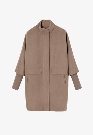 Light brown wool coat with a high collar, drop sleeves, two front pockets, and ribbed knit cuffs. Smooth texture and minimalist design.