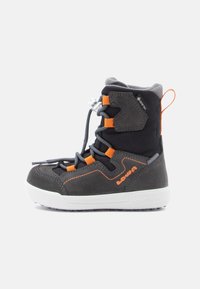 Gray and black lightweight boot with orange accents, suede and textile material, rubber sole, lace-up closure, and padded ankle support.