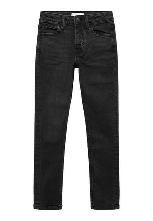 Schwarze Denim-Jeans mit schlanker Passform, ausgestattet mit fünf Taschen, einem Frontknopfverschluss und einer glatten Textur. Keine sichtbaren Abnutzungen oder Muster.