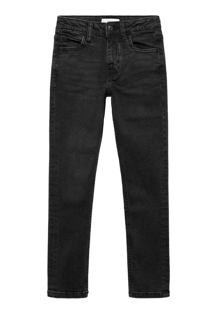 Jeans in denim nero con una vestibilità slim, dotati di cinque tasche, chiusura frontale con bottone e una texture liscia. Nessun segno di usura o motivi visibili.