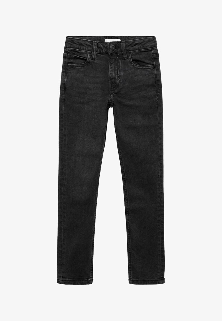 Jeans in denim nero con una vestibilità slim, dotati di cinque tasche, chiusura frontale con bottone e una texture liscia. Nessun segno di usura o motivi visibili.