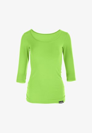 Zeleni, uski longsleeve top napravljen od glatkog materijala, s okruglim dekolteom i naglašenim detaljima sa strane. Crna oznaka brenda na donjem dijelu.