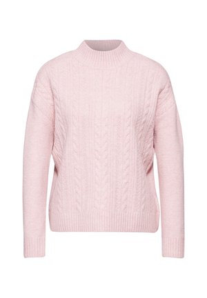 Maglione lavorato a maglia rosa chiaro con colletto alto, caratterizzato da motivi a treccia e polsini e orlo a coste. Texture morbida e vestibilità comoda.