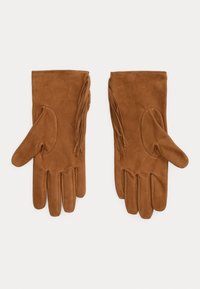 Guanti in suede marrone con una texture morbida, dotati di un polsino lungo e nappine laterali. Ogni guanto presenta compartimenti distinti per il pollice e le dita.