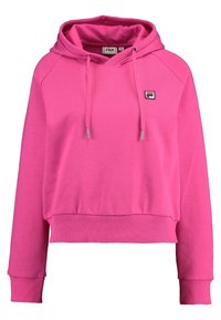 Růžová zkrácená mikina s kapucí, se znakem na prsou. Vyrobena z měkké tkaniny, má žebrované manžety a lem.