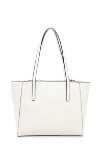 Sac fourre-tout blanc texturé avec deux longues poignées et un piping noir le long des bords. Fermeture éclair en haut. Design spacieux.