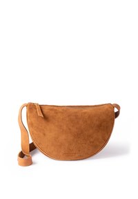 Suede crossbody bag in brown with a half-moon shape, featuring a zipper closure and a wide strap. Smooth texture with minimal detailing.