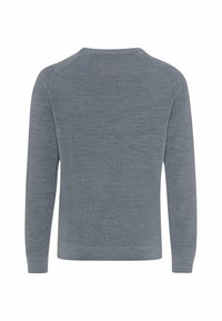 Pull gris en maille à manches longues montré de dos avec un col rond et des poignets et ourlet côtelés.