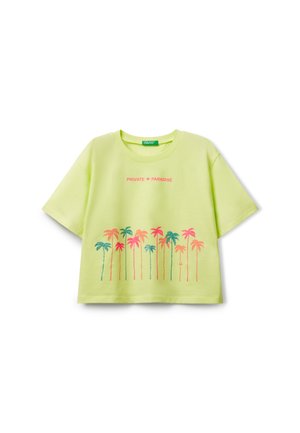 Limoengroene katoen T-shirt met een ruime pasvorm, voorzien van roze en blauwe palmbomen en de tekst "PRIVATE ♥ PARADISE" in het midden.
