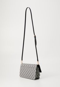 Black and gray patterned shoulder bag with a flap design, featuring gold hardware and a detachable strap. Smooth texture with a structured shape.