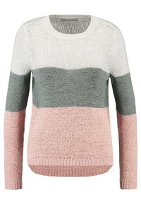 Pull en tricot avec un col rond, des manches longues et des rayures horizontales blanches, grises et roses. Tissu texturé avec une coupe ample.