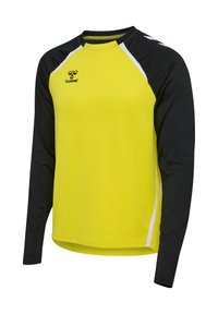 Sportshirt met lange mouwen in felgeel aan de voorkant, zwarte mouwen, witte accenten en een klein zwart Hummel-logo op de borst.