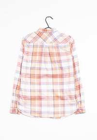 Langärmliges kariertes Hemd aus leichtem Stoff, mit orangefarbenen, roten und blauen Streifen. Rund geschnittene Saum und Knopfdetails an den Manschetten. Rückenpasse Design.