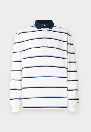 Long-sleeve polo shirt in white with navy and light blue horizontal stripes. Features a navy collar and a three-button placket. Cotton fabric.