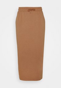 Jupe marron, longueur genou, en tissu doux et extensible avec une taille élastique et un cordon de serrage. Design simple sans motifs visibles.