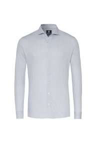 Hellblauses, gestreiftes Langarmhemd mit klassischem Kragen, Knopfleiste und Einknopfbündchen, das klare weiße Akzente und eine glatte Textur aufweist.