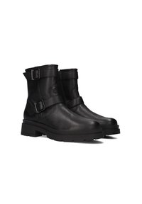 Zwarte leren enkelboots met twee gespen, ronde neus, gestructureerd oppervlak en een dikke rubberen zool. Bevat een zichtbare rits aan de zijkant.