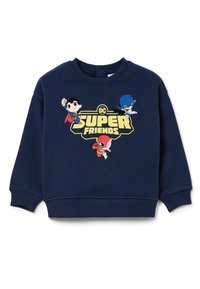Felpa blu navy con logo "Super Friends" e personaggi dei cartoni animati ricamati: Superman, Flash e Batman, con colori vivaci.