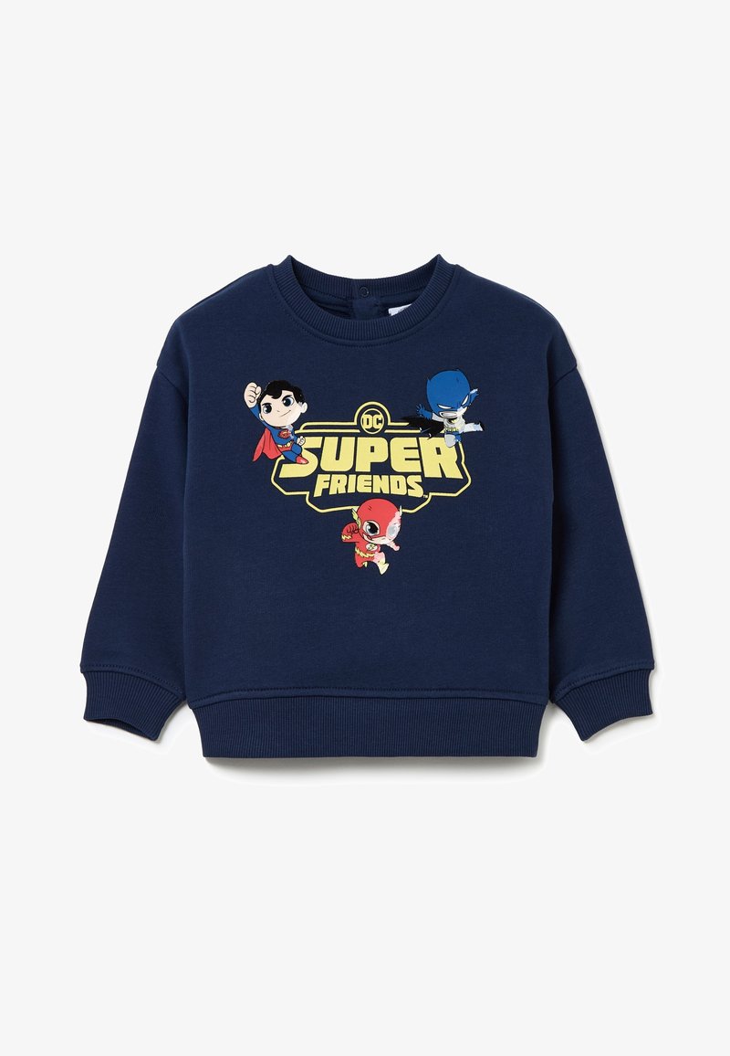 Felpa blu navy con logo "Super Friends" e personaggi dei cartoni animati ricamati: Superman, Flash e Batman, con colori vivaci.