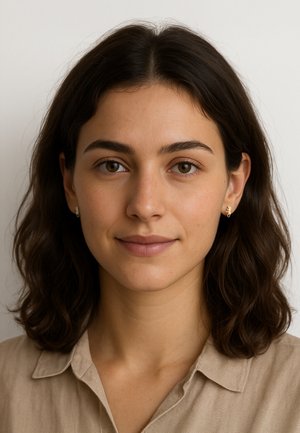 Ritratto di una persona con capelli ondulati scuri fino alle spalle, che indossa una camicia beige con colletto e piccoli orecchini d'oro. Sfondo neutro.