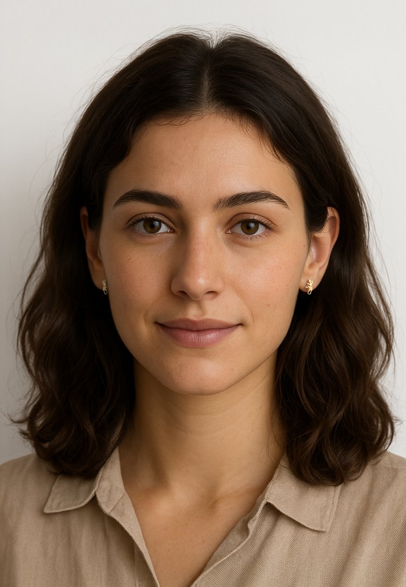 Porträtt av en person med axellångt mörkt vågigt hår, klädd i en beige skjorta med krage och små guldsmycken i öronen. Neutral bakgrund.