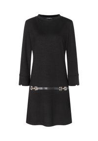 Schwarzes langärmliges Kleid mit rundem Ausschnitt, ausladenden Bündchen und dekorativem Gürteldetail mit goldfarbigen Verschlüssen auf Taillenhöhe.