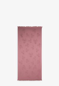 Couverture rose avec une texture lisse, ornée d'un motif en relief de têtes de mort et de tibias sur l'ensemble, et bords frangés.