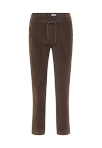Pantalons en velours côtelé marron avec une taille élastique, un cordon de serrage ajustable, et deux poches latérales avec des fermetures éclair. Texture lisse.